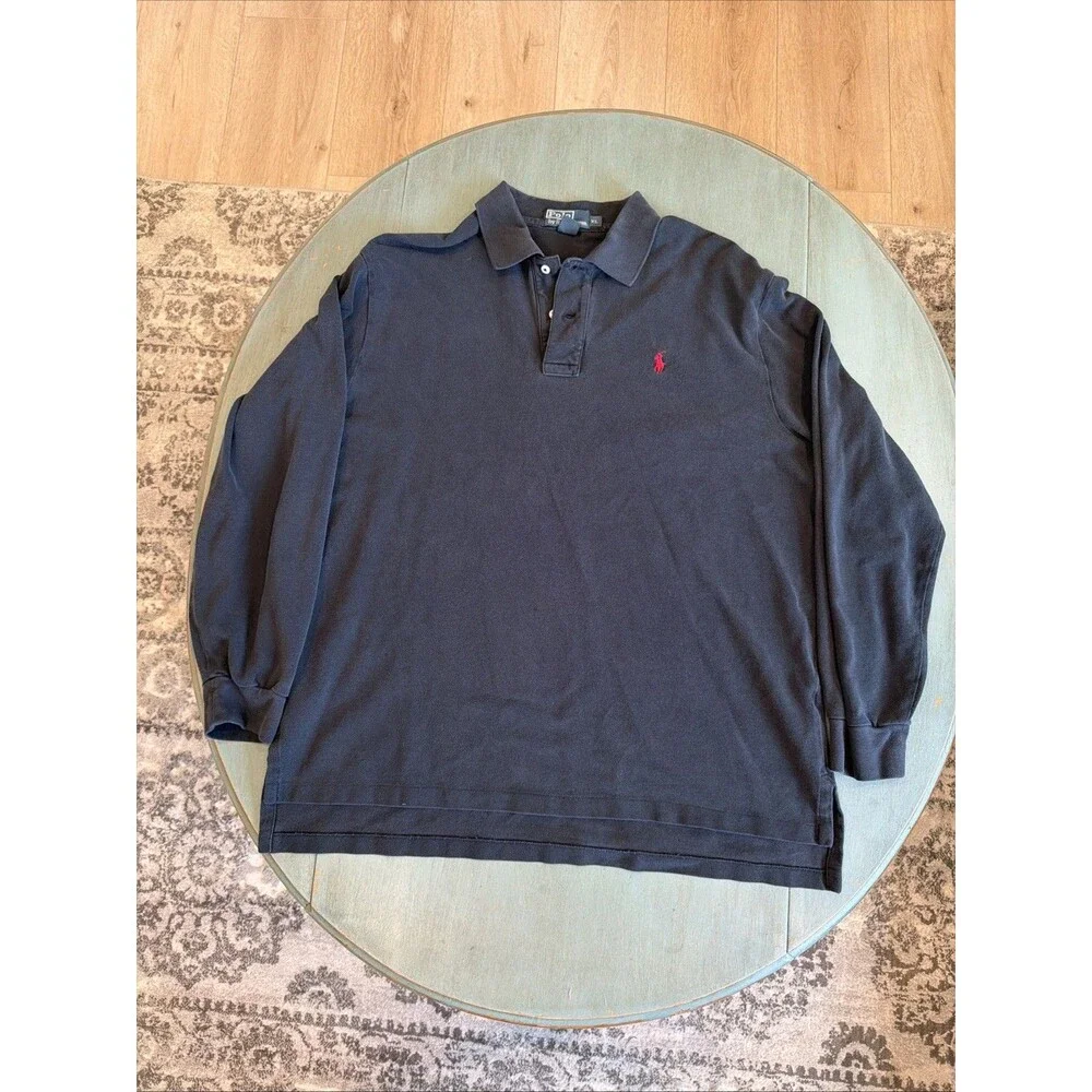 Y2K Polo by Ralph Lauren Black Navy Long Sleeve Polo Shirt Mens XL
